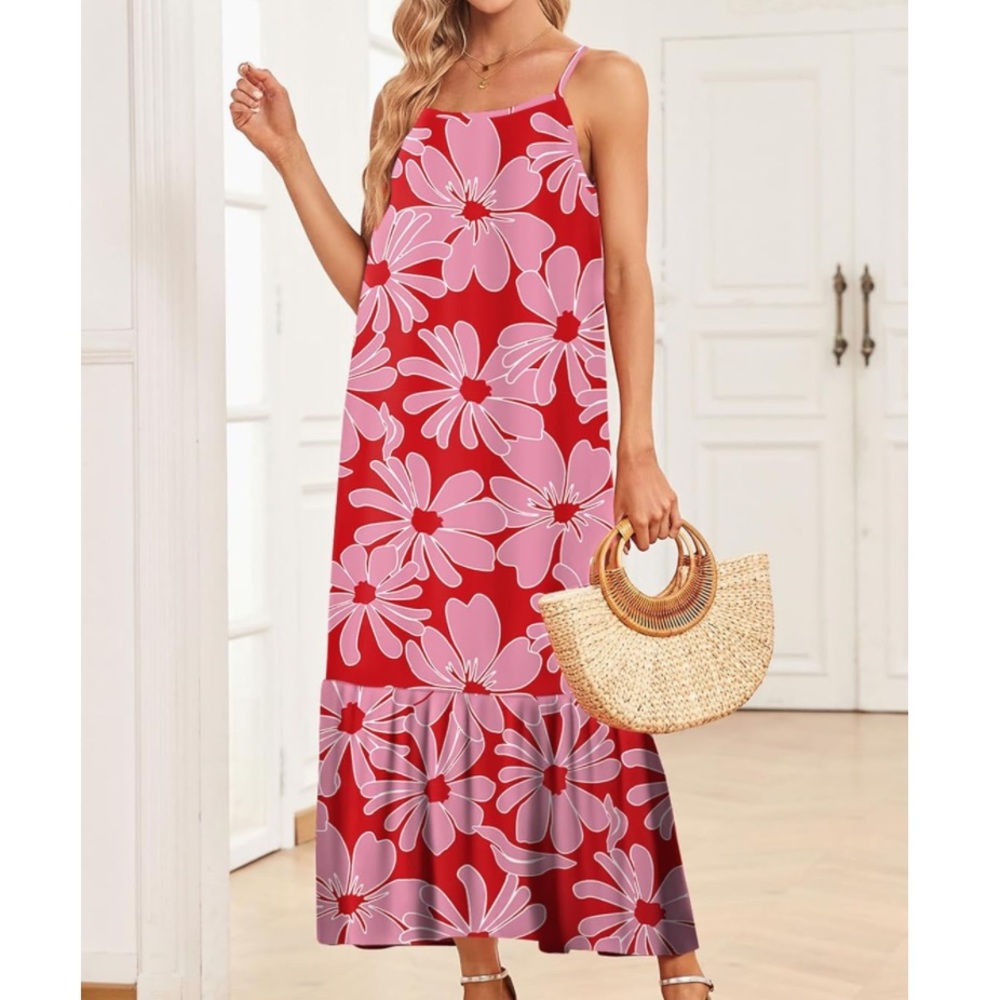 Red Pink Floral Pattern Spaghetti Strap Maxi Dress Size M - Picture 2 of 4